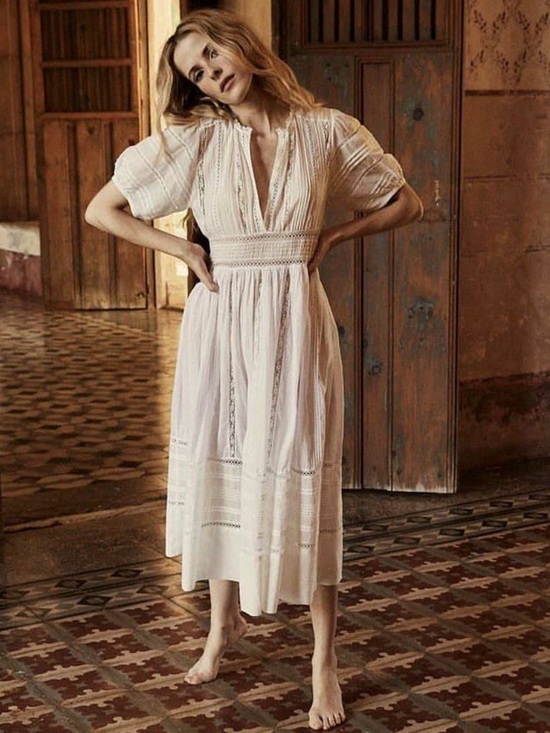 Doen Dresses & Skirts - DOÈN White Poplin & Lace Tiered Midi Dress - Small